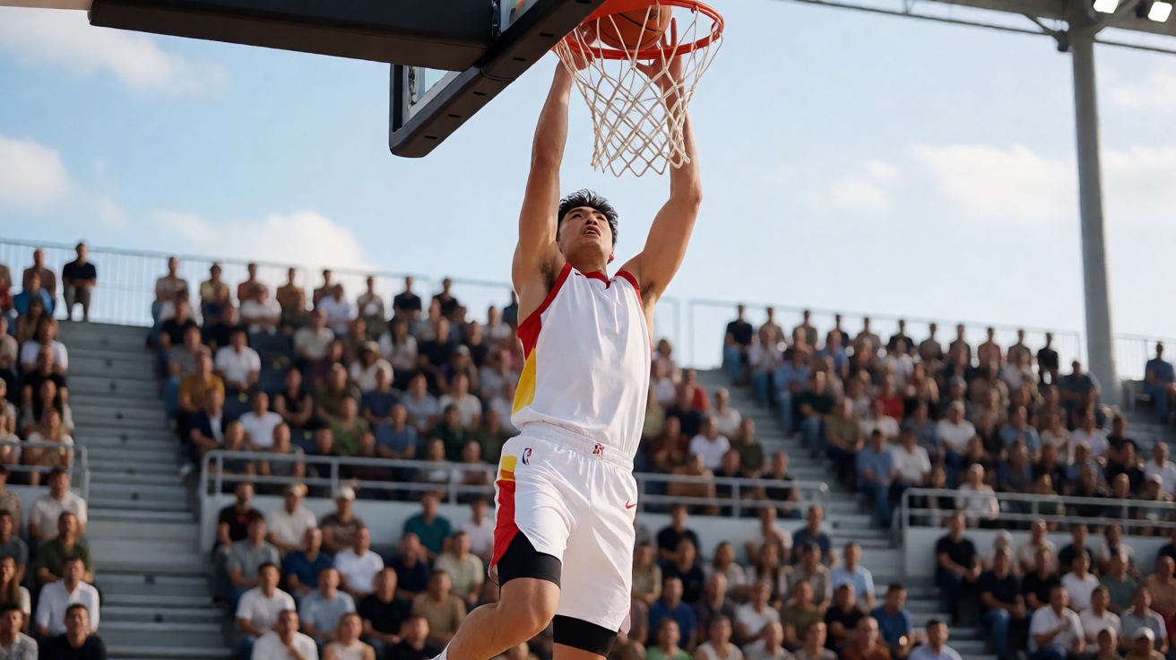NBA球员扣篮瞬间，背景为观众席